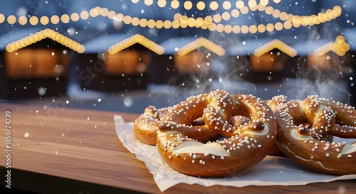 Fresh, warm pretzels steaming at a festive winter fair with blurry market stalls and falling snow for a holiday season concept