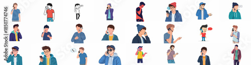 Diverse set of illustrations featuring young men and teenagers talking on mobile phones, representing modern communication and digital connectivity.