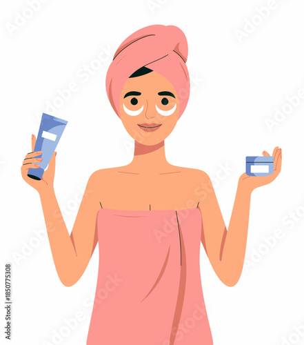 An illustration of a woman wrapped in a towel, holding skincare products, showcasing the importance of self-care and relaxation in a modern beauty routine.