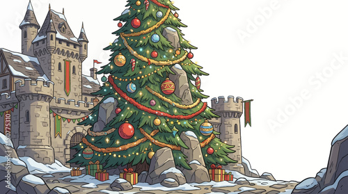 huge decorated Christmas tree stands in front of a historic castle, combining festive holiday decor with dramatic architecture and snowy winter surroundings
