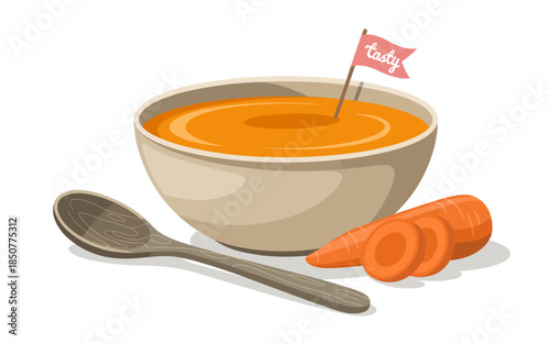 This inviting image features a bowl of warm carrot soup accompanied by sliced carrots and a spoon, evoking comfort and the joy of homemade meals during any season.