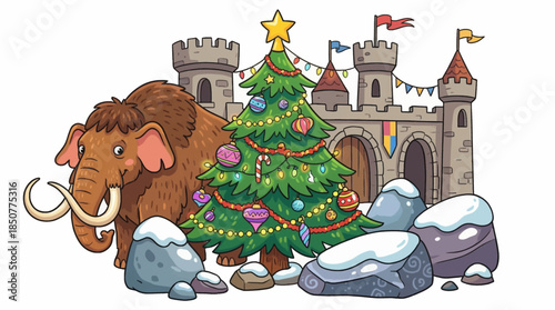 huge decorated Christmas tree stands in front of a historic castle, combining festive holiday decor with dramatic architecture and snowy winter surroundings