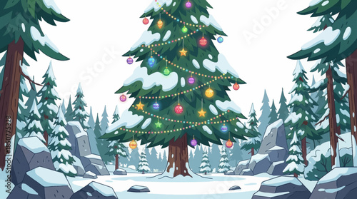 giant Christmas tree filled with glowing decorations rises in a forest clearing, surrounded by snow-covered trees and soft winter light forming a cozy and enchanting holiday scene