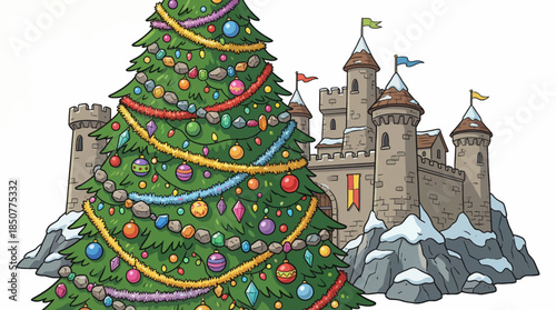 huge decorated Christmas tree stands in front of a historic castle, combining festive holiday decor with dramatic architecture and snowy winter surroundings