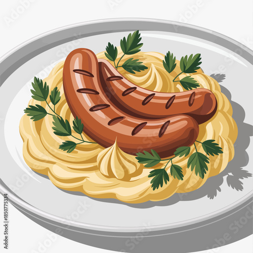 This image presents a hearty plate of sausages served atop smooth and creamy mashed potatoes, garnished with fresh herbs, evoking comfort and satisfaction.