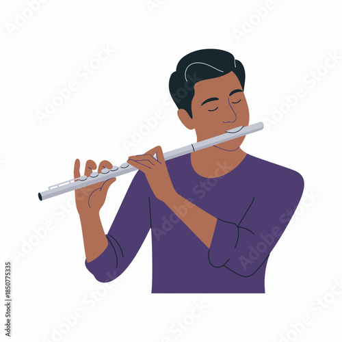 An artistic depiction of a man playing the flute, showcasing his concentration and passion for music, embodying creativity and expression through art forms.