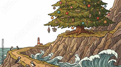 large decorated Christmas tree stands on a coastal cliff overlooking the ocean, blending festive holiday decorations with dramatic seaside landscape and winter sky