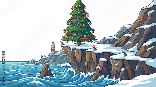 large decorated Christmas tree stands on a coastal cliff overlooking the ocean, blending festive holiday decorations with dramatic seaside landscape and winter sky