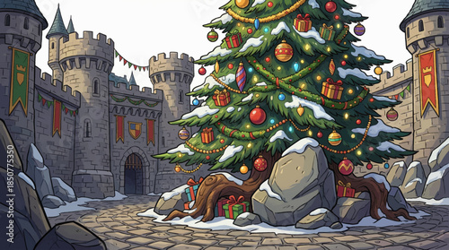 huge decorated Christmas tree stands in front of a historic castle, combining festive holiday decor with dramatic architecture and snowy winter surroundings