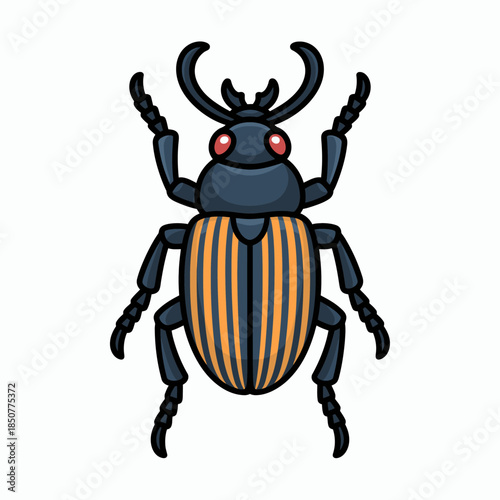 This striking beetle showcases an array of bold striped patterns alongside bright red eyes, making it a standout representation of nature's intricate design and vibrant life.