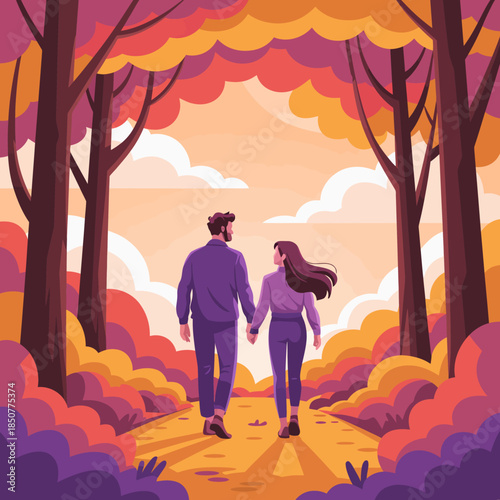 A couple walks hand in hand along a picturesque path lined with vibrant autumn foliage, evoking feelings of romance, tranquility, and the beauty of nature during fall.