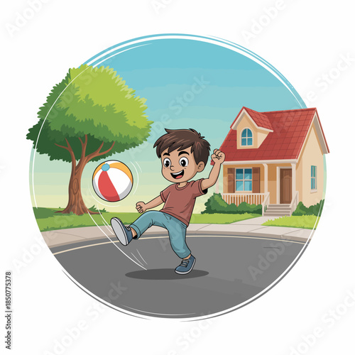 A lively young boy plays joyfully with a beach ball in front of his home, capturing the essence of childhood happiness and carefree summer days spent outdoors.