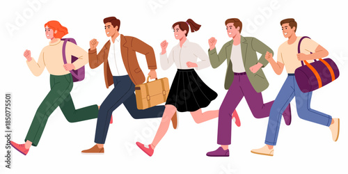 A lively illustration of diverse individuals running together in an urban setting, embodying the spirit of community, action, and the hustle of modern life through movement.