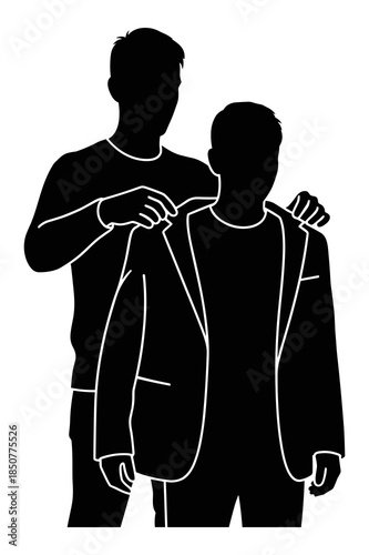 Two figures silhouette helping put on a jacket for a friend or relative