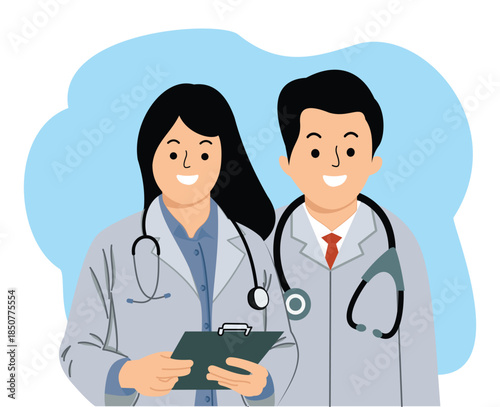 male and female doctor wearing white coat with stethoscope and holding clipboard. medicine concept doctors flat style