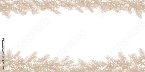 Christmas tree branches frame border with snow, snowflakes, and frost vector illustration design
