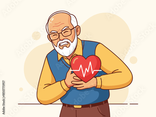 Elderly man clutches chest in severe pain, symbolizing heart attack, angina, or cardiovascular problems. Health and medical vector illustration