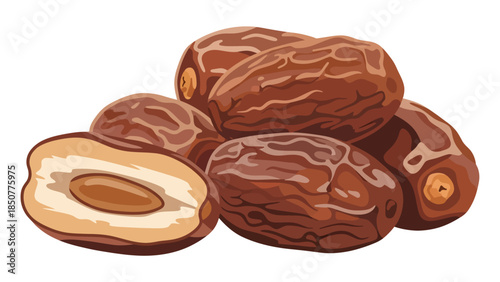 A cluster of oblong, wrinkled brown dates rests in a pile, featuring one halved fruit in the foreground that reveals its smooth, creamy beige flesh and central oval pit