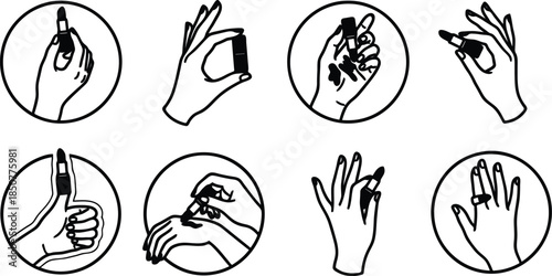 black and white illustrations of hands holding lipstick and applying lipstick