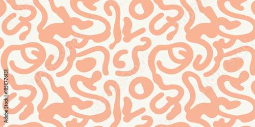 Abstract seamless pattern with organic hand-drawn squiggles and fluid lines in soft peach on a light background, ideal for modern graphic designs, textiles, and digital papers