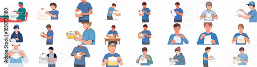 Collection of vector illustrations depicting young people opening, reading, and handling various types of mail and letters, symbolizing correspondence and communication.