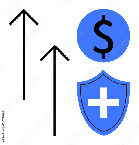 Business strategy, financial growth, cost efficiency, healthcare investment, economic progress, stability. Upward arrows, dollar symbol shield with cross. Financial growth and healthcare investment