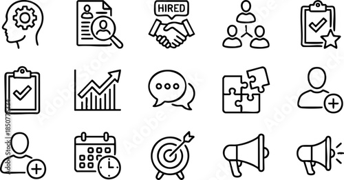 Essential business and HR management linear icons for recruitment, strategic planning, team collaboration, communication, analytics, and goal achievement solutions