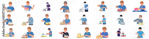 Collection of illustrations featuring young people celebrating birthdays by cutting and serving various layered cakes decorated with lit candles.