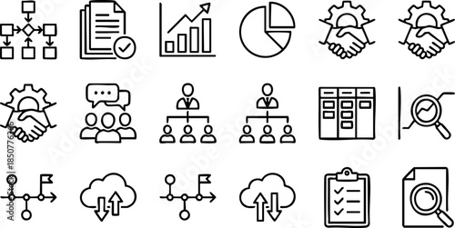 Set of business process icons depicting workflow, management, analysis, and data flow with a clean, minimalist design