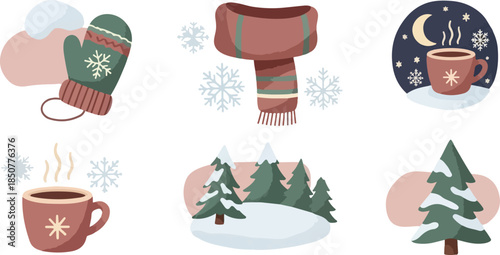 Winter Comfort and Warmth: An illustration showcasing the essence of winter with cozy mittens, a warm scarf, and steaming cups of cocoa in snowy scenes.