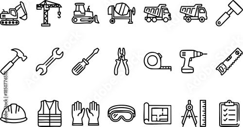 Comprehensive set of construction and building tools, heavy machinery, and safety equipment line icons for engineering projects and industrial design