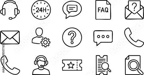 Customer Support Icons Headphones, Mail, FAQ, Phone, and Help Desk Symbols