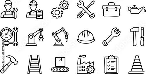 Industrial engineering and construction tool icons for blueprints and technical drawings