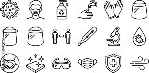 Essential vector line icons illustrating health, hygiene, personal protection, and crucial public safety measures for effective virus and illness prevention