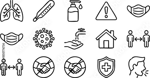 Essential Outline Icons for Coronavirus Prevention, Public Health Safety, Hygiene Practices During Pandemic, Featuring Social Distancing and Protection Measures