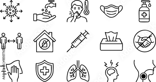 Vector line icons set outlining essential public health guidelines, illness prevention strategies, common symptoms, and safety protocols for community well-being