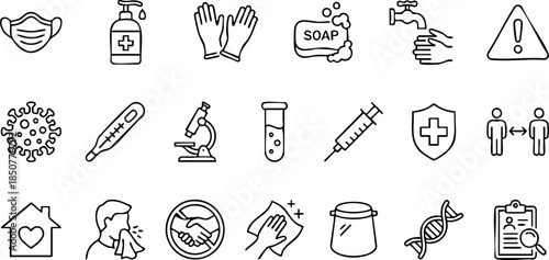 Comprehensive vector line art icons depicting essential health, hygiene, and safety measures for disease prevention, public health, and pandemic response
