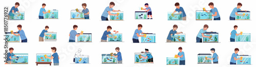 Collection of flat vector illustrations showing young people cleaning fish tanks and aquariums, performing routine maintenance for pet fish care.