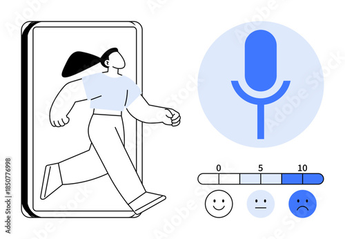 Digital communication, voice recognition, user interface, emotional spectrum, technology integration, feedback. Person stepping out of phone, microphone icon emotion scale. Digital communication