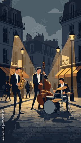 Three musicians performing jazz in street lights of Paris at night  