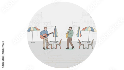 Two musicians performing outdoors with colorful umbrellas and chairs  