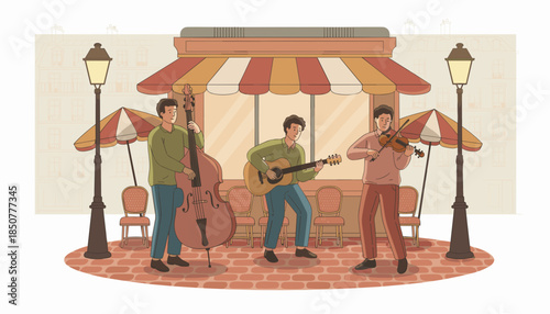 Three musicians performing outside a cafe with street lamps  