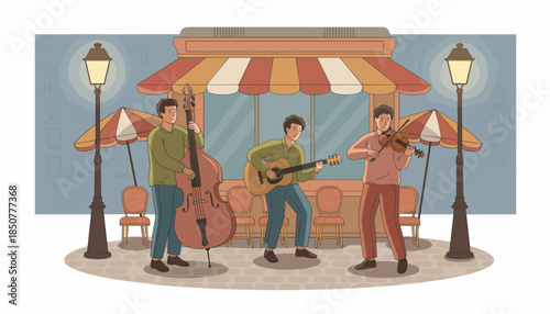 Three musicians performing with guitar, violin, and double bass outdoors  