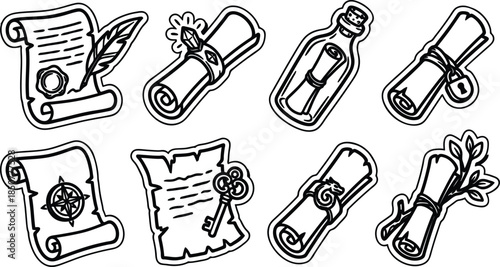 black and white illustrations of scrolls and messages