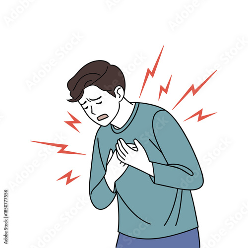 Vector illustration of a man suffering from chest pain, clutching his chest with hands. Red flashes symbolize heart attack, angina, or anxiety discomfort. Medical emergency concept.