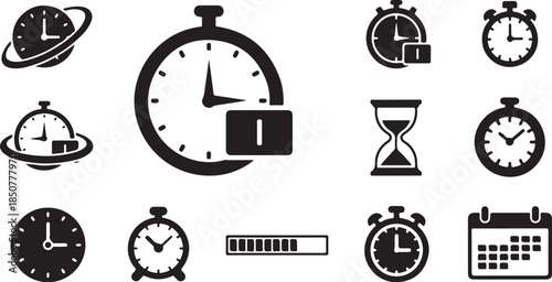 Various black time and schedule icons set