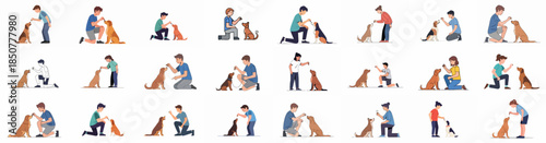 Dog training and ownership illustrations set, featuring people rewarding their pets with treats using positive reinforcement methods.