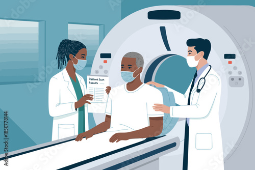 A patient sits in front of a CT scanner, receiving test results from two doctors, emphasizing the importance of diagnostic imaging in healthcare and patient guidance.