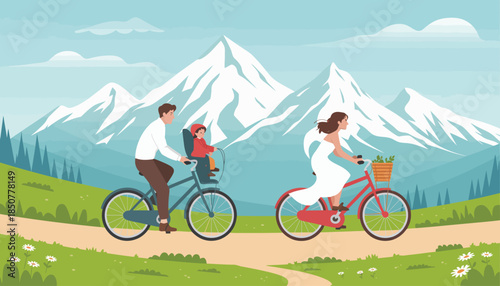 A family enjoys a leisurely bike ride through a picturesque landscape, promoting family bonding and a healthy outdoor lifestyle amidst nature's beauty.