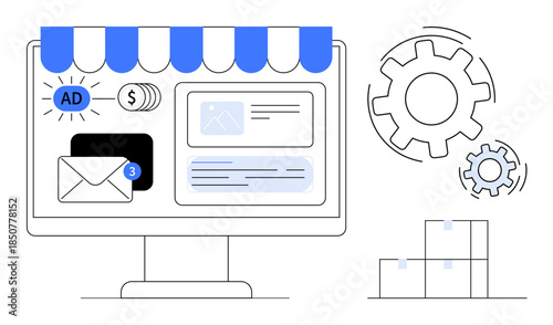 E-commerce, digital marketing, online transactions, product management, automation, operations. A storefront computer screen showing ads, packages gears. E-commerce and digital marketing concept